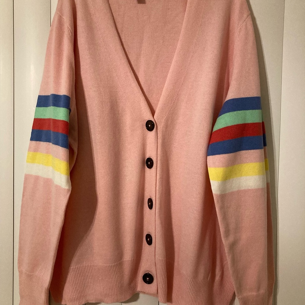 New St. John’s Bay Pink Rainbow Cardigan Sweater Buttons Size X Large